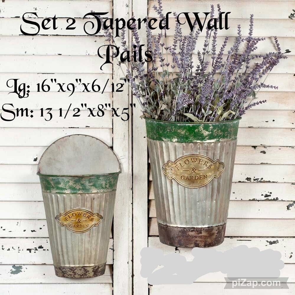 New Set 2 Metal Tapered Wall Pails 16" high